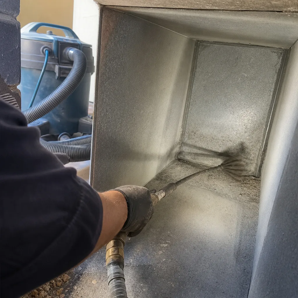 Technician using professional tools for air duct cleaning and HVAC maintenance.