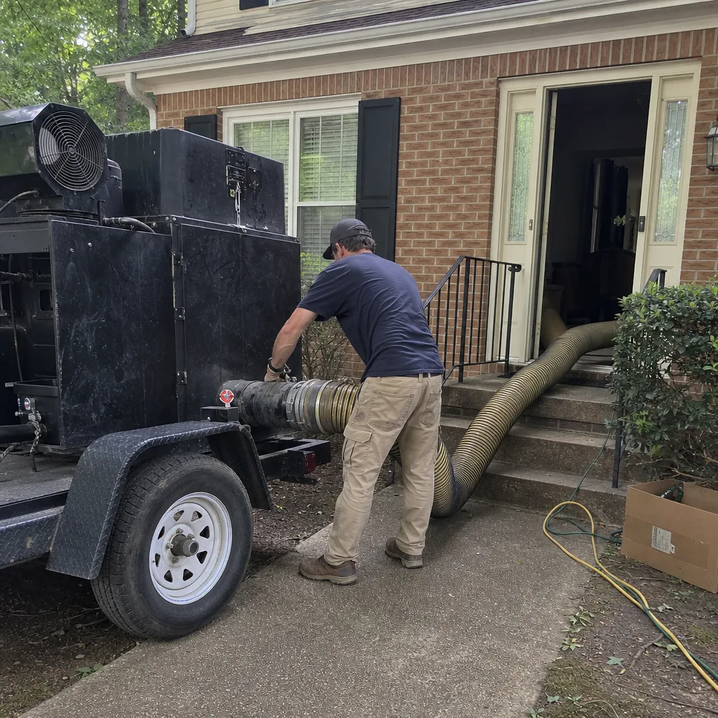 Professional technician using a vacuum system for residential air duct cleaning