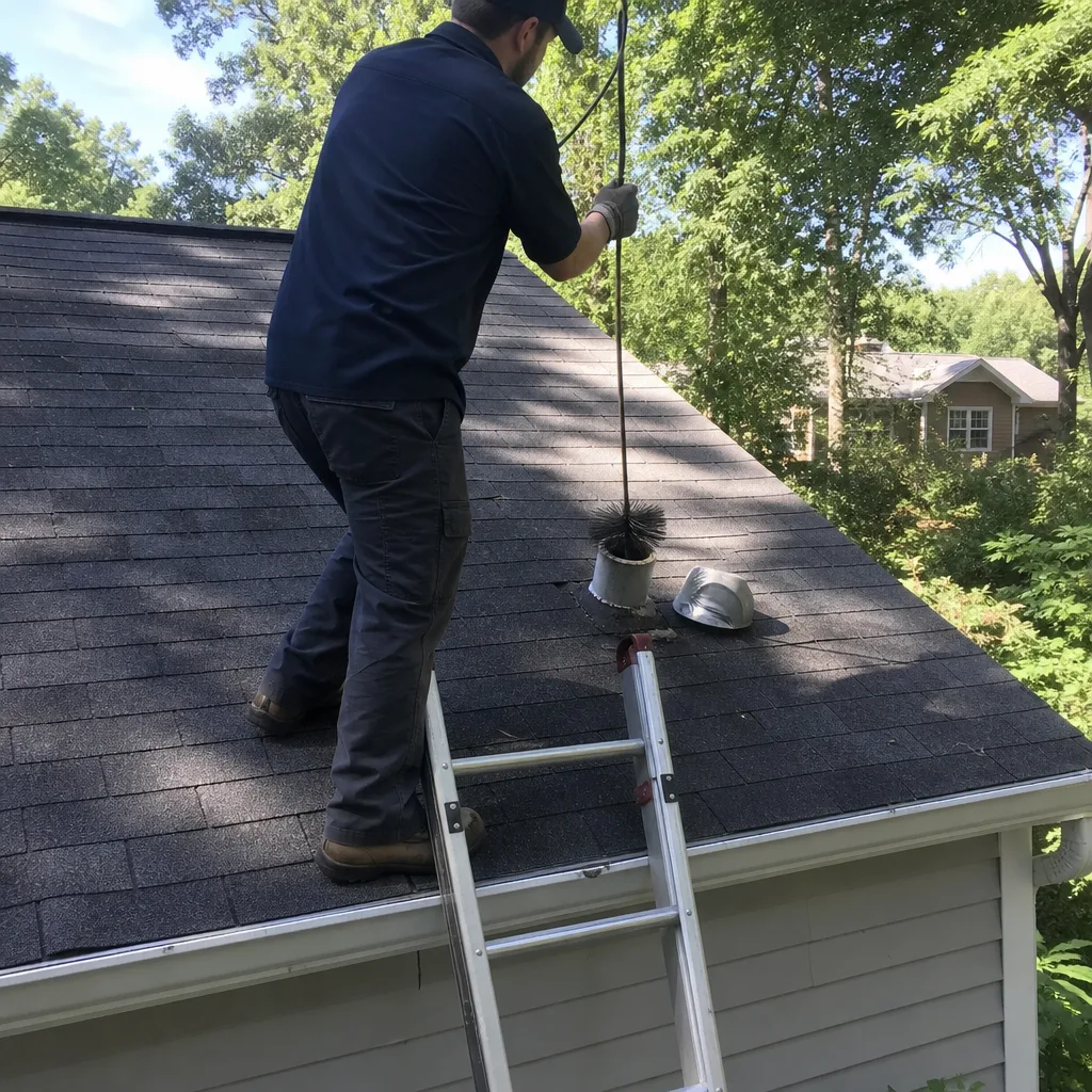 Professional dryer vent cleaning technician cleaning residential roof vent with brush nationwide