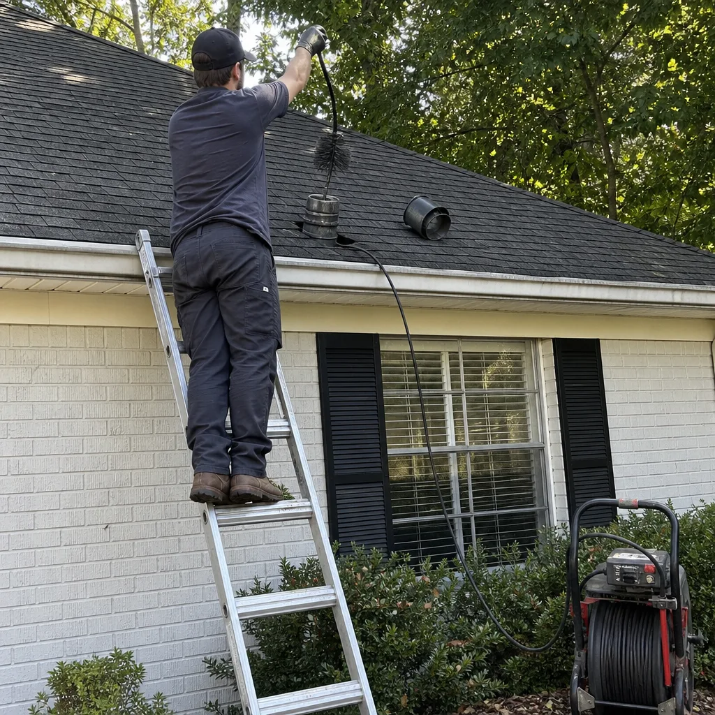 Professional technician performing dryer vent cleaning on a residential roof.