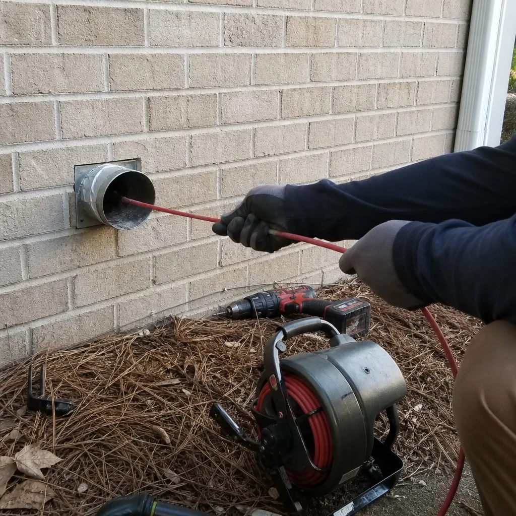 Technician performing professional residential dryer vent cleaning and inspection nationwide