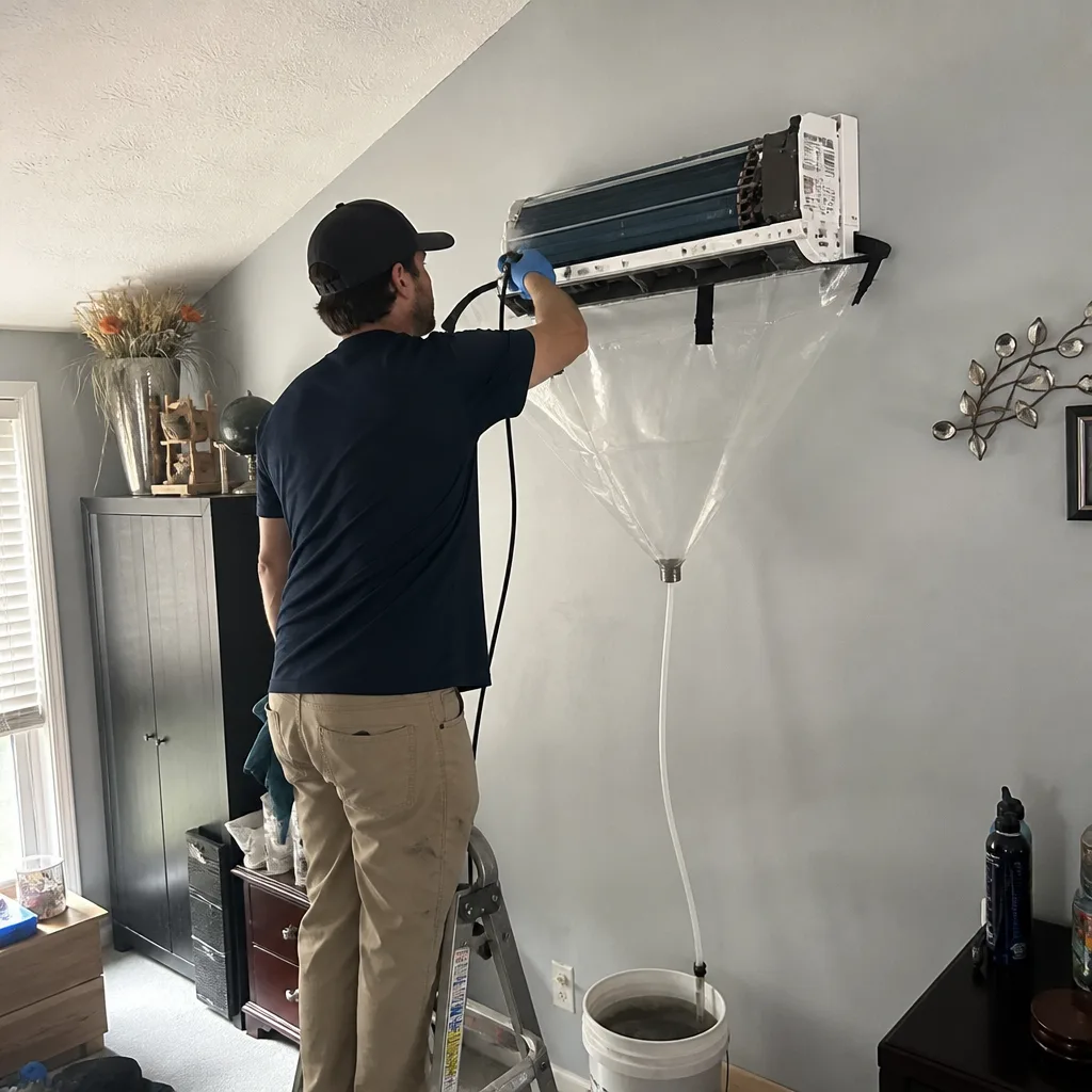 Technician performing professional mini-split HVAC unit cleaning and maintenance