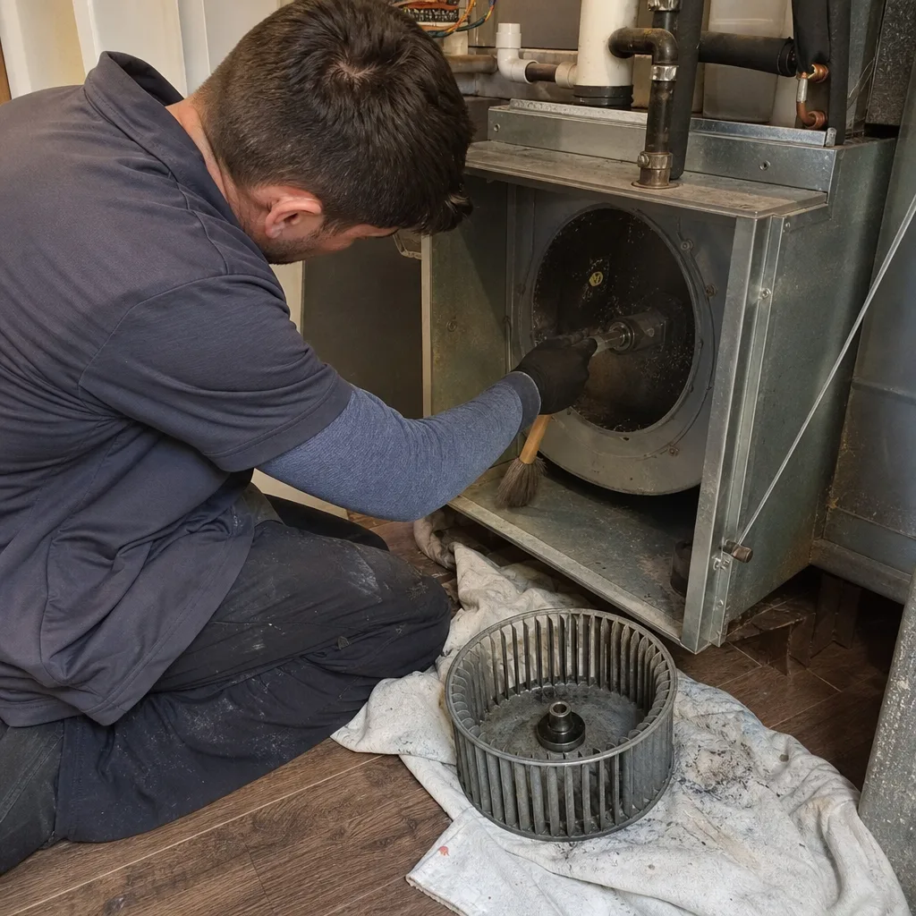 Professional HVAC technician cleaning residential furnace blower assembly